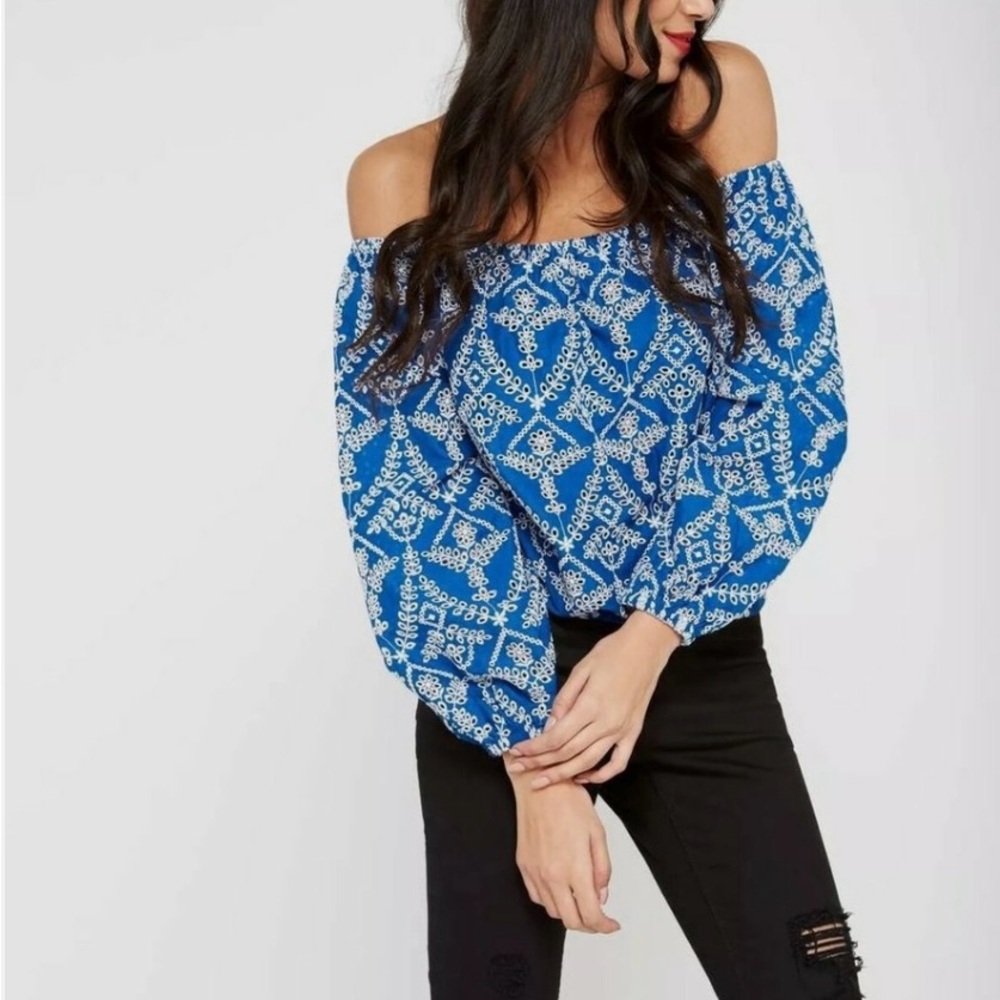 Miss Selfridge Blue Off-Shoulder Patterned Blouse